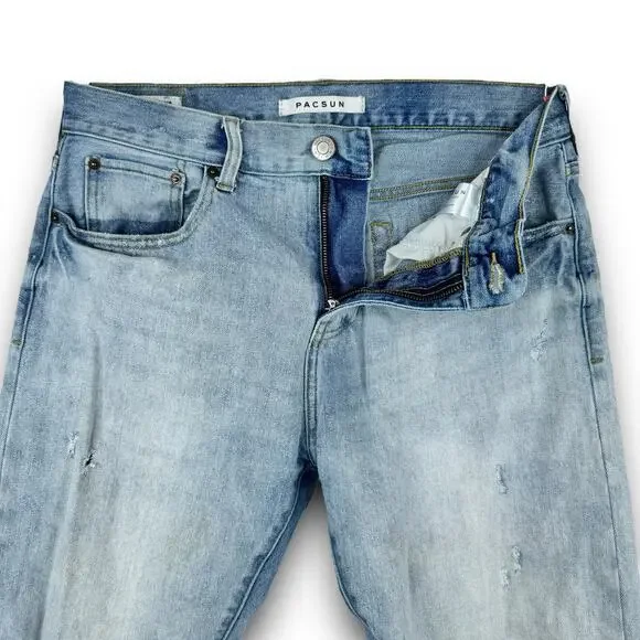 PacSun Mens Slim Fit Tapered Leg Light Ripped Distressed Jeans Light Wash 29x30* - Picture 4 of 13